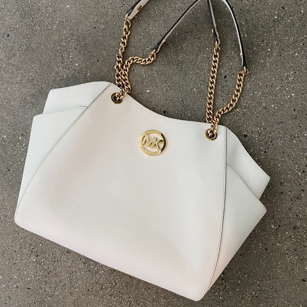 Michael Kors White Leather Top Zip Tote Bag